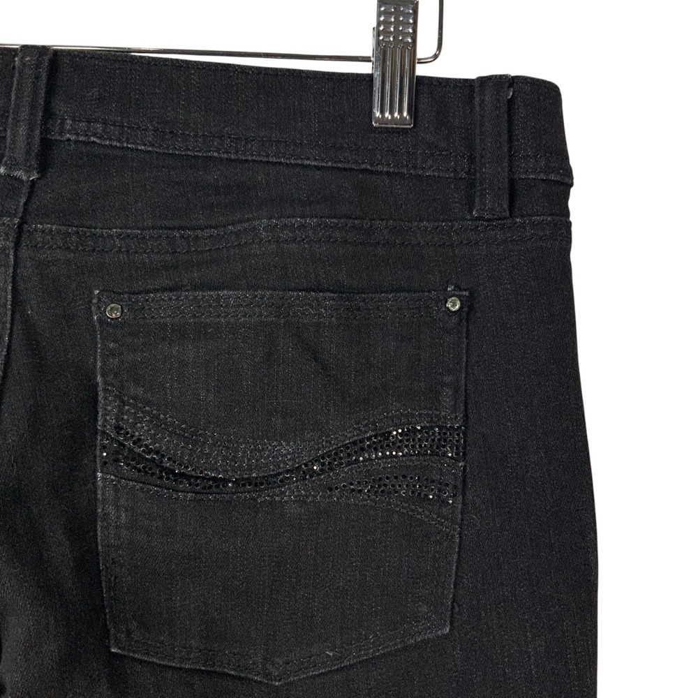 White House Black Market Noir Black Flare Jeans 8S Mid Rise Rhinestone Pockets - Picture 5 of 9